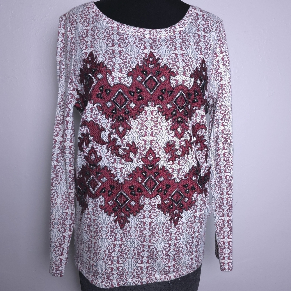 Sundance Neva Tapestry Top Long Sleeve Beaded Burgundy Ivory  Blouse Small